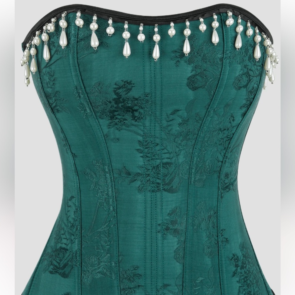 Teal Floral Corset with Pearl Detailing